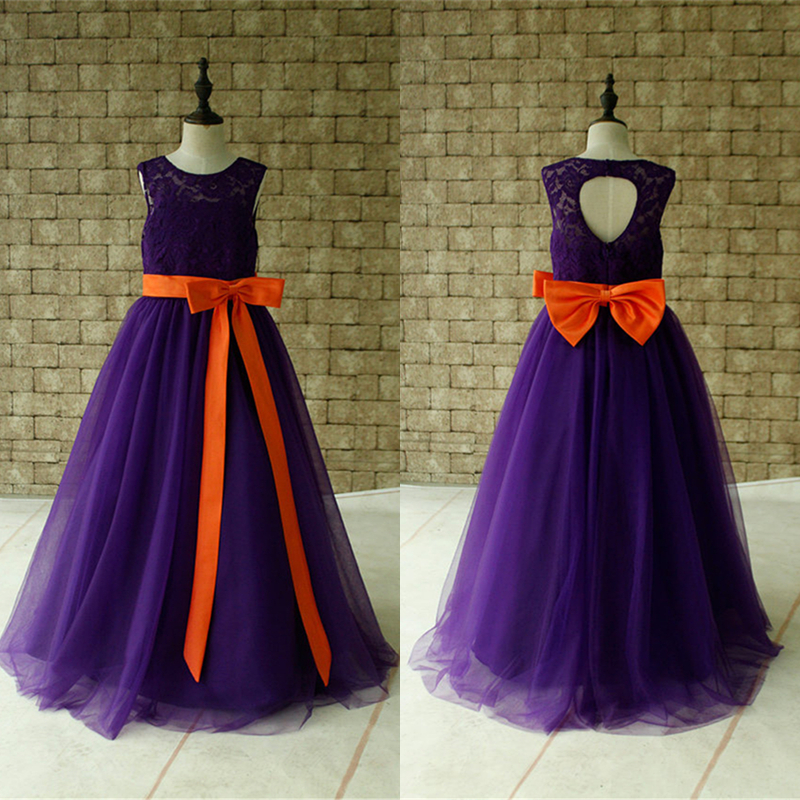 Purple Lace Flower Girl Dress Floor Length With Orange Sash And Bow Birthday Dress Made For Girls,fg3246
