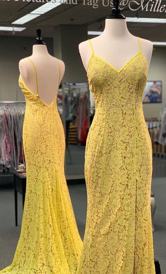 Gorgeous Straps Yellow Mermaid Lace Long Prom Dress,p3266
