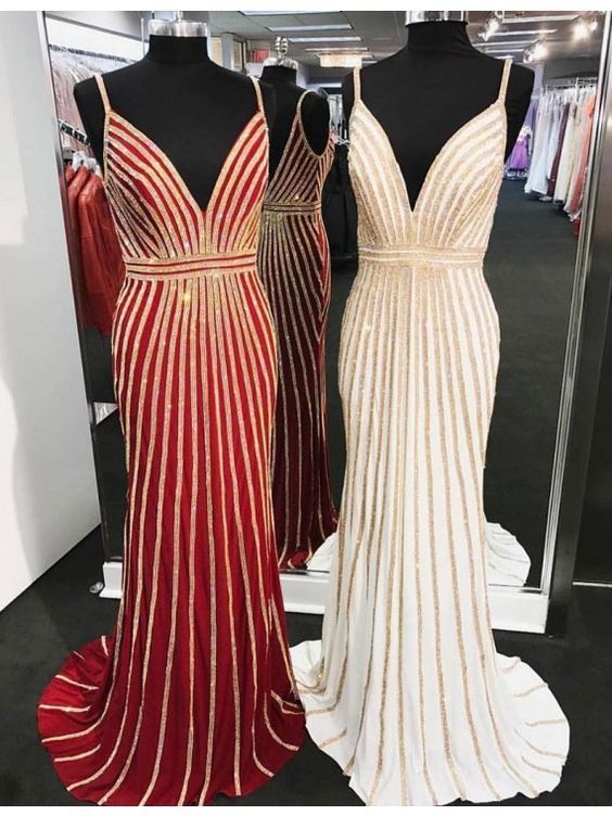 Charming Red/white Sexy V-neck Beading Backless Sweep Train Prom Dress With Spaghetti Straps,p3267