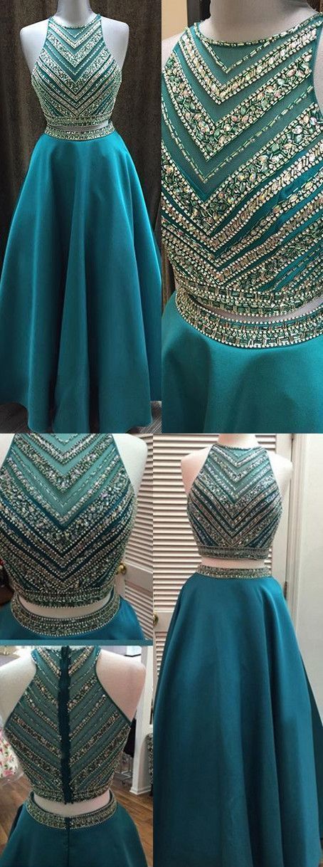 Two Pieces Beaded Crew Neck Prom Dress-zipper-up Satin Long Prom Dress,p3280