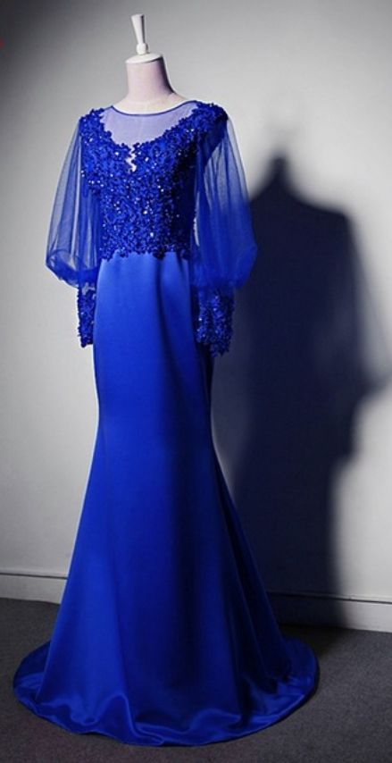 Royal Blue Lace Appliqués Mermaid Long Prom Dress, Evening Dress With Long Puffed Sleeves,p3281