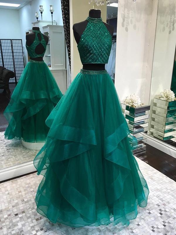 Fabulous Halter Two Pieces Green Open Back Long Prom Dresses,p3315