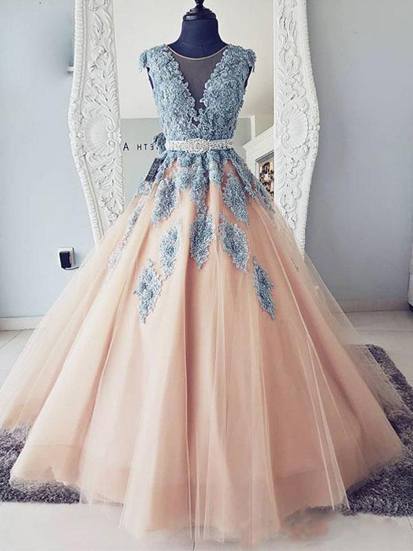 A-line Cap Sleeves Lace Ball Gown Tulle Long Prom Dresses,p3325