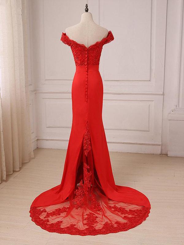 Red Mermaid Low Back Prom Dress with Lace Apliques at Waist