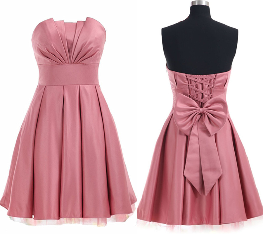 Strapless Ruched Short Homecoming Dress Featuring Lace-up Back And Bow Accent,h3340