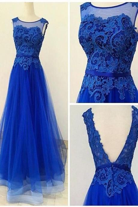 A Line V Back Lace Tulle Royal Blue Floor Length Evening Dress,p3341