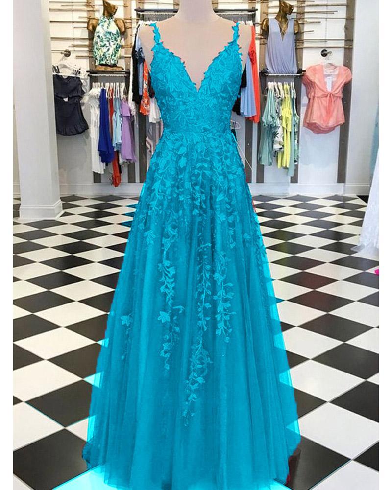 Two Piece V Neck Turquoise Long Prom Dress with Slit – FancyVestido