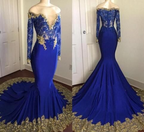 Gorgeous Royal Blue Mermaid Prom Dresses With Gold Appliques Sheer Off Shoulders Illusion Long Sleeves Beaded Crystal Evening Gowns,p3645