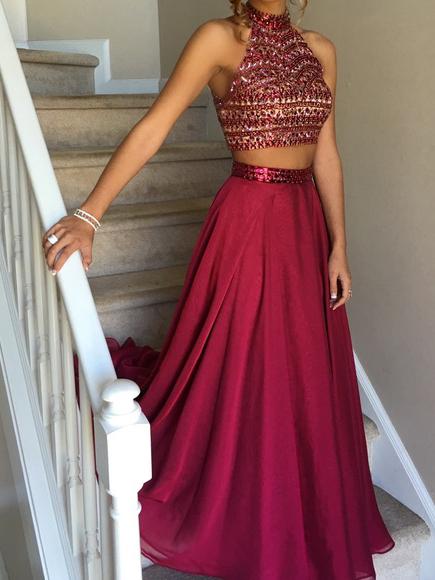 maroon 2 piece prom dress