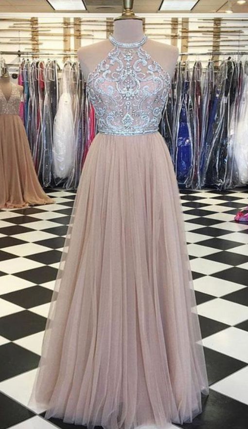 Stunning Champagne Tulle Strapless Floor Length Rhinestone Evening Dress, Long Spring A-line Cocktail Dress,P3660