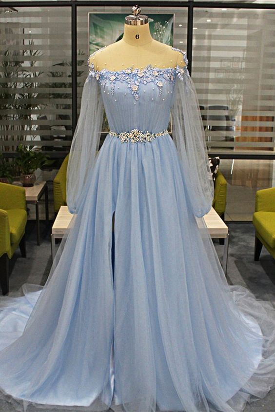 Baby Blue Tulle Long Beaded Sweet 16 Prom Dress With Sleeves, Slit Evening Dress,p3662