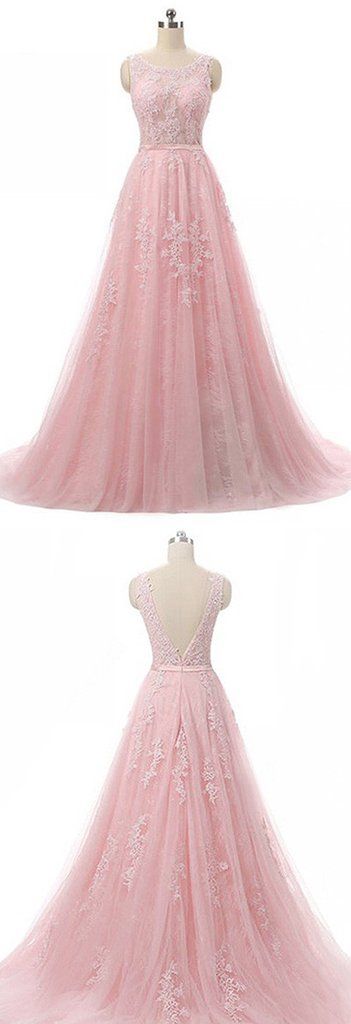 Pretty Tulle Lace Round Neck A-line Open Back Long Prom Dress,p3679