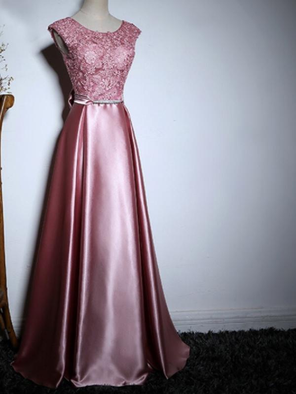 Elegant Dusty Lace Satin With Bow Knot V-back Sleeveless A-line Prom Dresses,p3803
