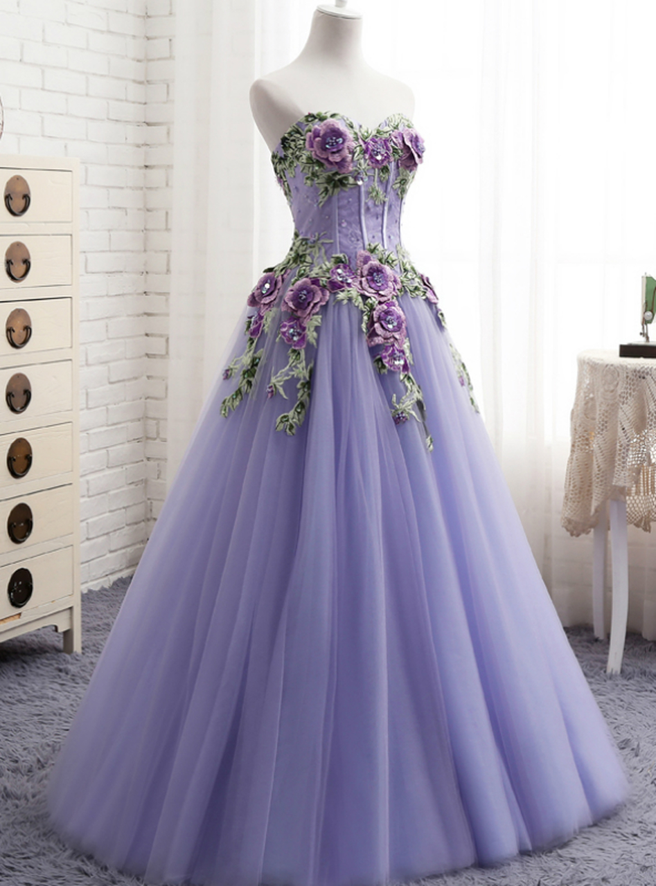 A-line Purple Tulle Embroidery Appliques Sweetheart Neck Prom Dress,p3798