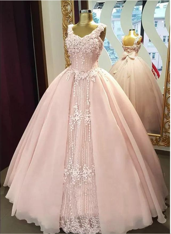 Fabulous Tulle & Organza V-neck Neckline Floor-length Ball Gown Quinceanera Dresses With Beaded Lace Appliques & Handmade Flowers