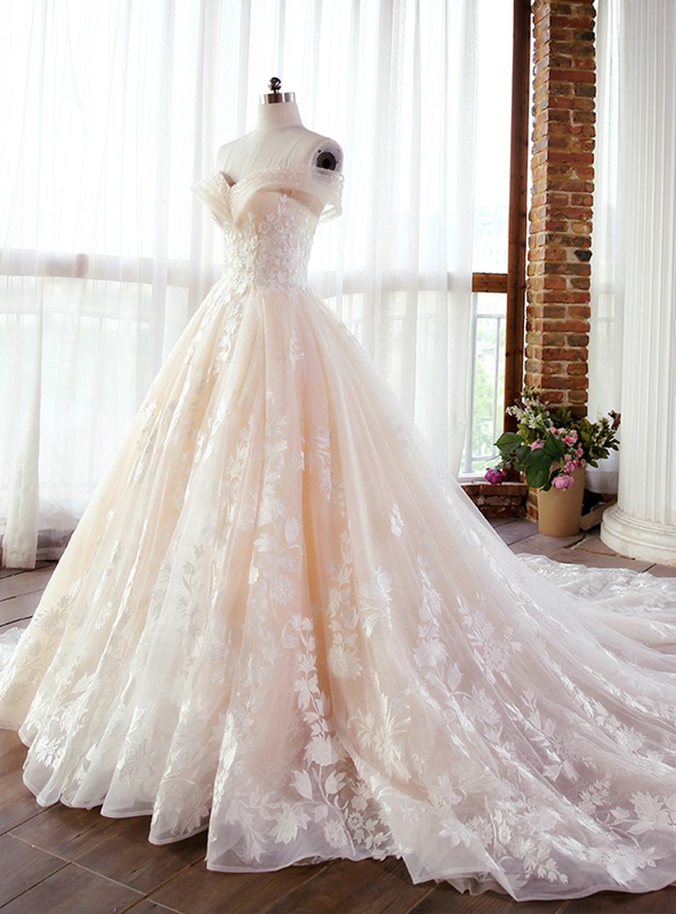 Champagne Ball Gown Off The Shoulder Appliques Wedding Dress,w3826