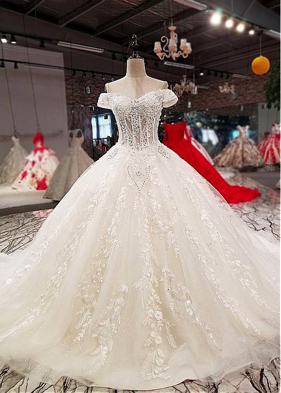 Attractive Tulle Off-the-shoulder Neckline Ball Gown Wedding Dress With Lace Appliques & Beadings,w3864