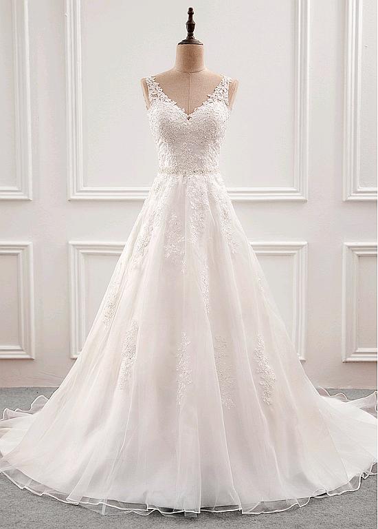 Off-the-shoulder Lace Ruffled Organza Wedding Gown - Promfy