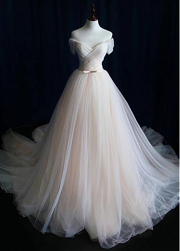 Alluring Tulle Off-the-shoulder Neckline A-line Wedding Dress With Belt ...