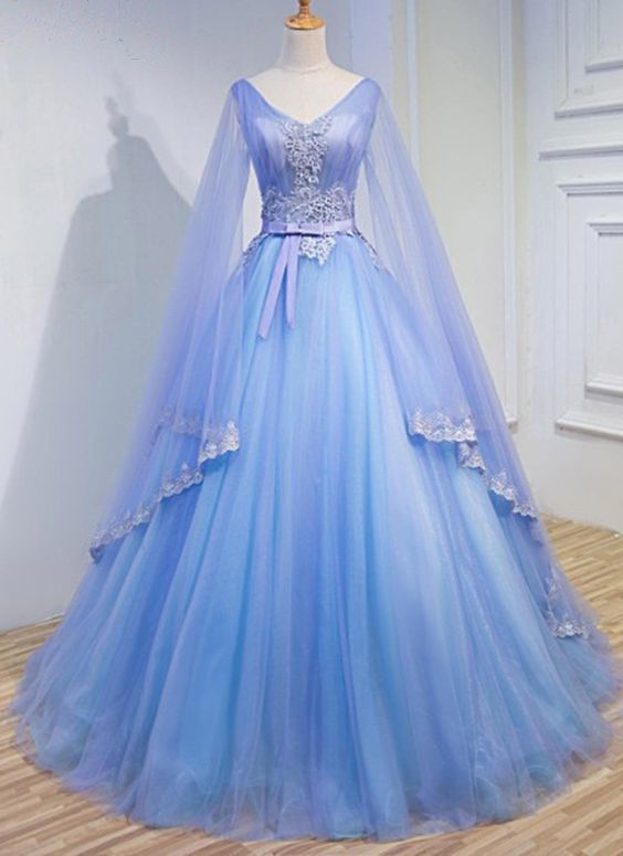 Light Blue Tulle V Neck Long Sleeve Lace Applique Prom Dress For Teen,p3926