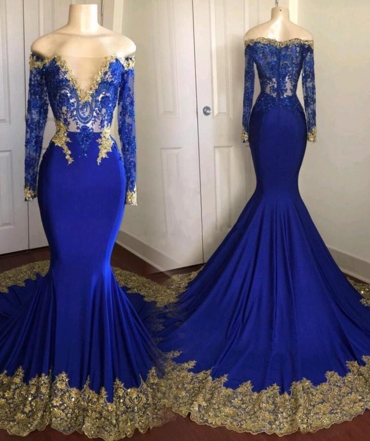2018 Royal Blue Long Sleeve Mermaid Prom Dresses Off The Shoulder Lace Appliques Court Train Party Dress Gowns,p4083