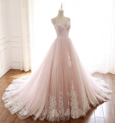 Unique Pink Tulle V Neck Long Halter Evening Dress, Formal Dress With Applique,w5146