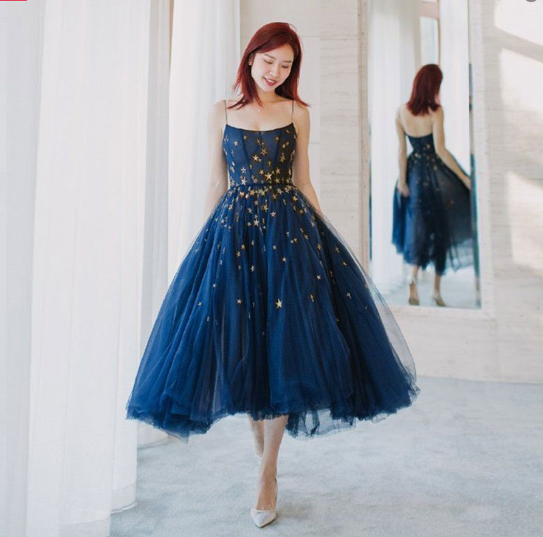 A Line Spaghetti Straps Navy Blue Tea Length Prom Homecoming Dress With Sequins,h4172