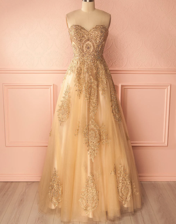 Beautiful Prom Dresses A-line Sweetheart Gold Lace-up Prom Dress/evening Dress,p4213