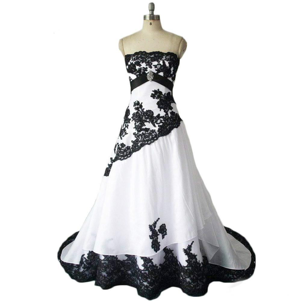 Wedding Dresses Black And White Real Photos Strapless Lace Appliques Lace Up Back Long Bridal 9840