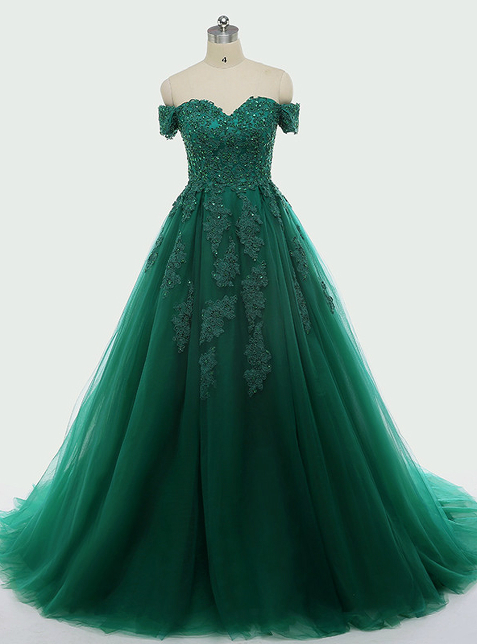 Dark Green Lace Appliques Short Sleeve Ball Gown For 15 Quinceanera Dresses,p3924