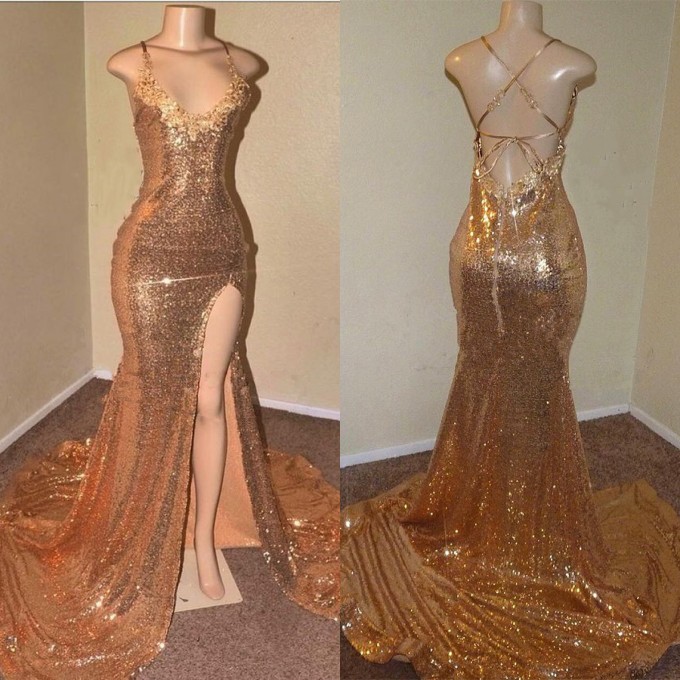 Sexy Gold Sequin Spaghetti-straps Slit Prom Dresses,p3926