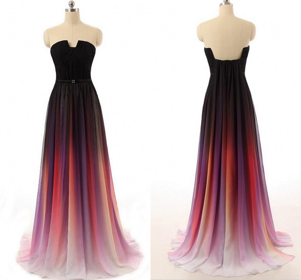 Gradient Ombre Chiffon Prom Dress Evening Dress Strapless With Pleats Women Dress,p3308