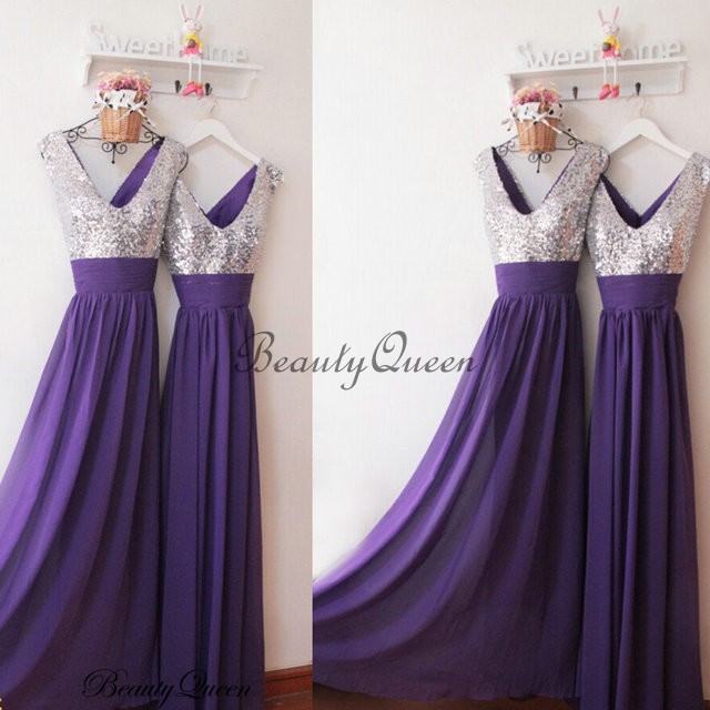 Purple Bridesmaid Dress, Silver Sequins Bridesmaid Dress,bridesmaid Dress With V Neck,long Bridesmaid Dress, Long Wedding Party Dress,sequins