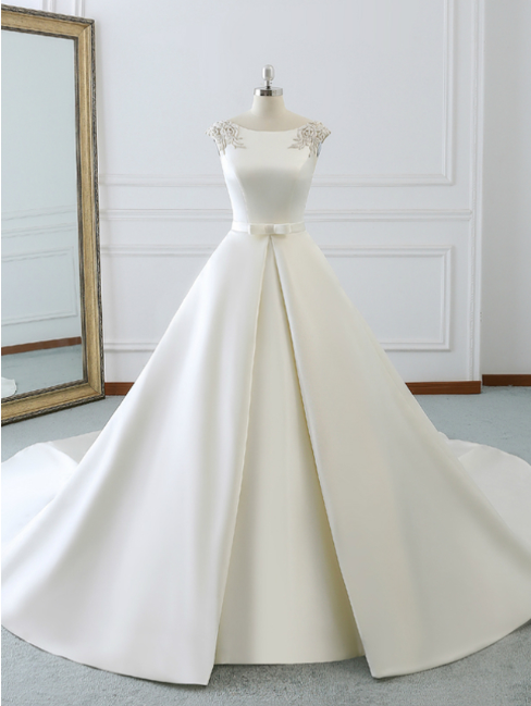 White Satin Cap Sleeve Backless Wedding Dress With Pearls,w3315
