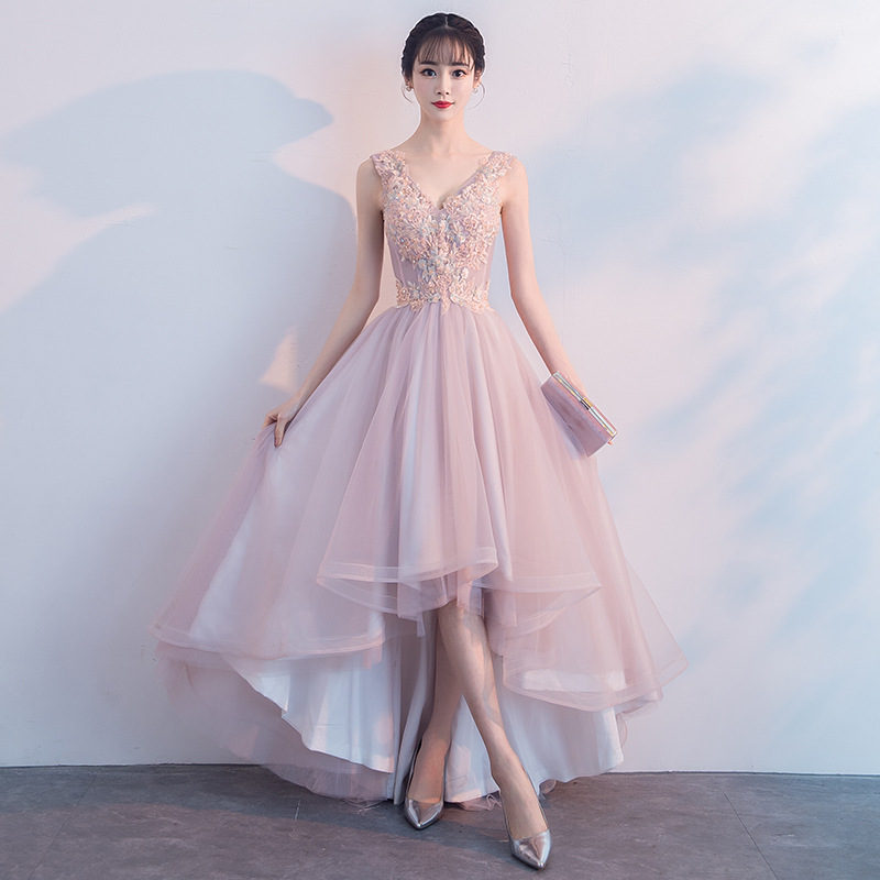 Pink V Neck Tulle Lace Prom Dress, High Low Evening Dress,p3325