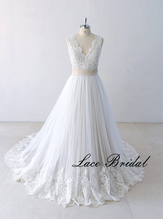 Flowy A Line Tulle Lace Beach Wedding Dress, Destination Wedding Dress With Champagne Lining,w3332