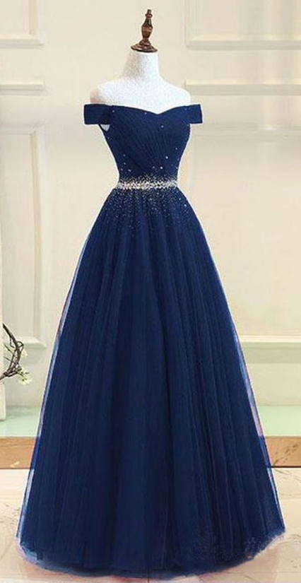 Charming Off The Shoulder A-line Tulle Prom Dress With Beading,p3336