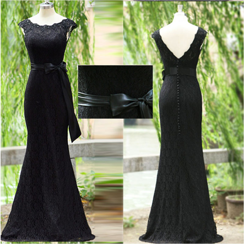 Black Lace Prom Dress Exquisite Mermaid Trumpet Scoop Neck Ribbon Backless Long Evening Prom Gowns，p3338