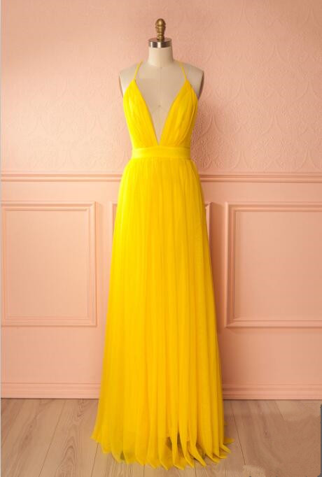 Yellow A Line Tulle Prom Dress,long Evening Dress,spaghetti Strap Formal Dresses,p3341
