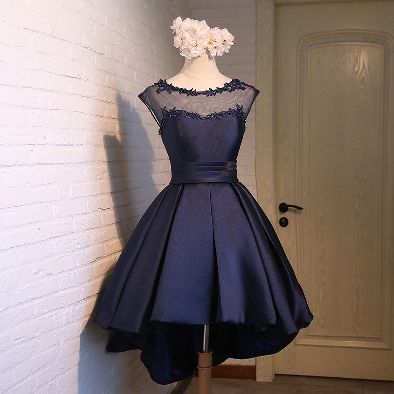 Navy Blue Illusion Cap Sleeve Homecoming Dress,cocktail Dress High Low Skirt,h3342