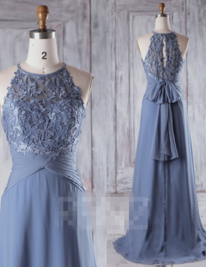 Steel Blue Chiffon Boho Bridesmaid Dress, Sweetheart Illusion Wedding Dress, Bow Back Prom Dress, Lace Evening Gown Floor Length,p3353