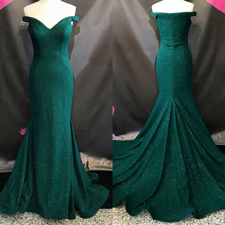 Dark Green Sparkly Off-The-Shoulder Mermaid Long Prom Dress, Evening Dress with Court Train,P3359
