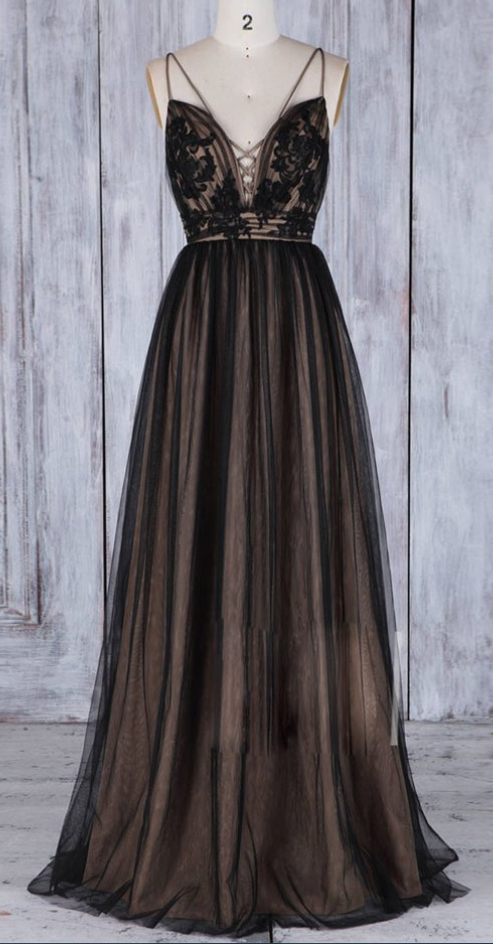 Black V Neck Lace Tulle Long Prom Dress, Black Bridesmaid Dress,p3361