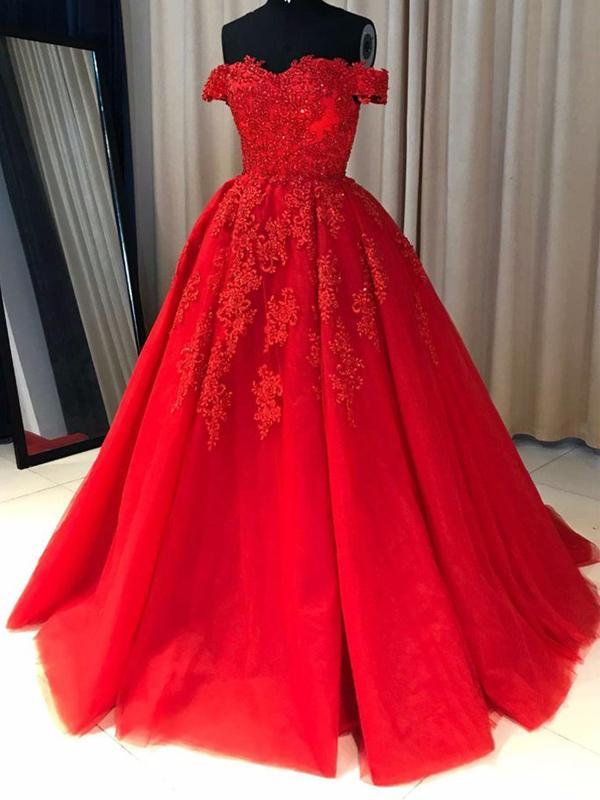Off Shoulder Ball Gown Red Lace Party Dress A-line Evening Dresses, Long Lace Prom Dresses ,custom Made,p3380