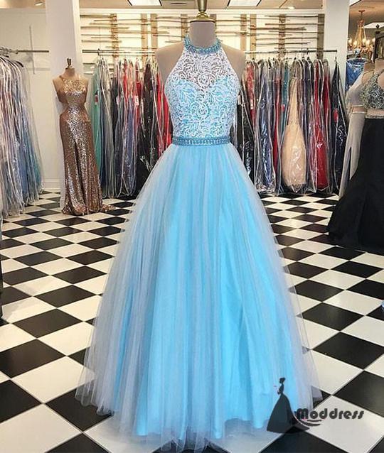 Blue Long Prom Dress Halter Lace Tulle Evening Dress Formal Dress,p3383