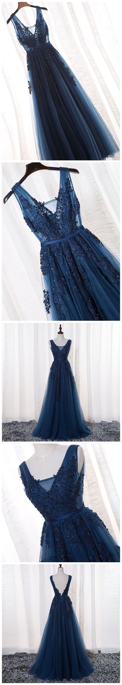 A-line V-neck Floor Length Tulle Prom Dress/evening Dress With Appliques,p3384