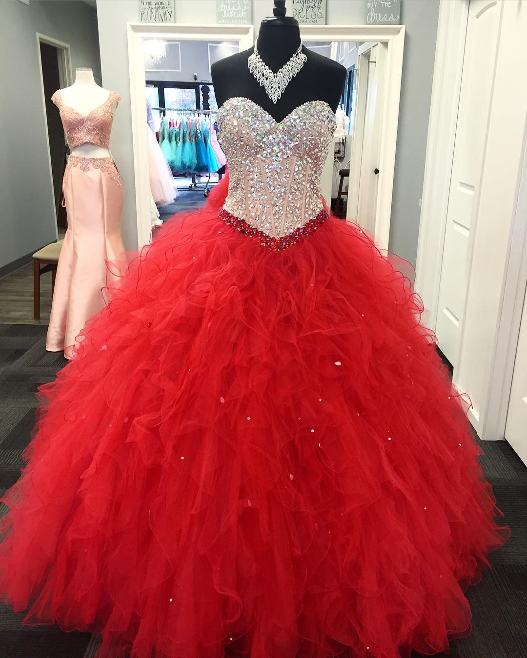 Princess Prom Ball Gown, Red Quinceanera Dresses, Sweet 16, Rhinestones Prom Dress, Sweet 18 Dresses, Sparkly Prom Dress, Tiered Prom Dress, 2020
