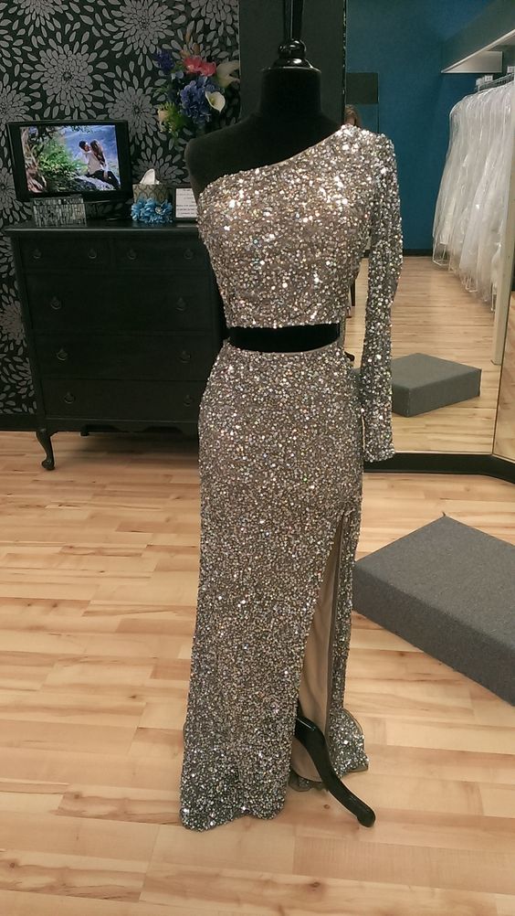 P3406 Real Iamge Prom Dresses Sexy Mermaid Bling Sparkle Luxury One Shoulder Side Slit Sequins Lace Formal Party Gowns