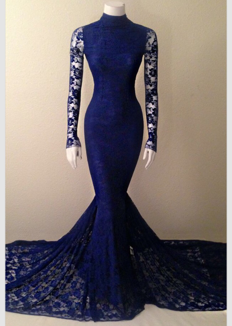P3407 Navy Blue Soft Lace Long Sleeves Mermaid Evening Gown With High Neck