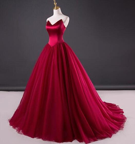 P3420 Simple Red Wedding Dress,tulle Bridal Dress,mermaid Wedding Dresses,ball Gown Wine Red Prom Dress,strapless Red Formal Dress